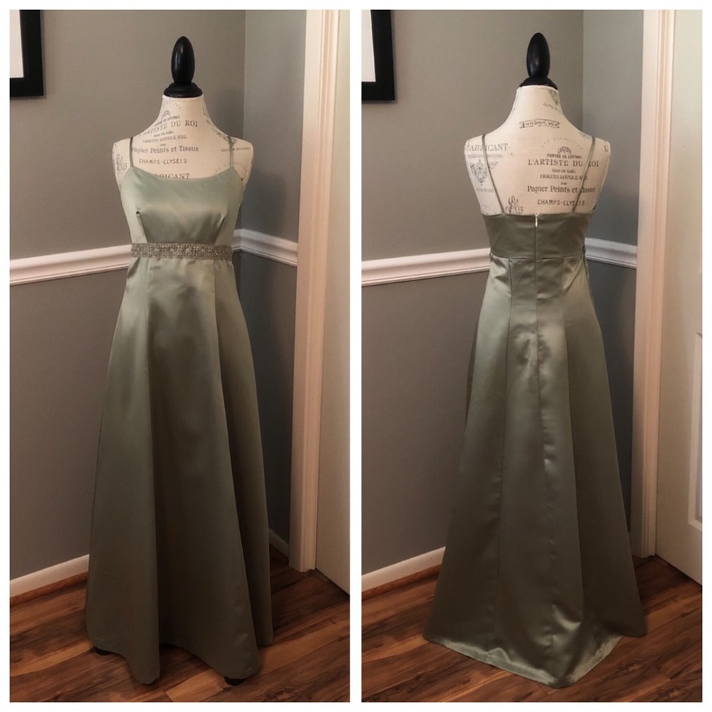 SAGE GREEN SATIN SLEEVELESS BEADED WAIST BALL GOWN